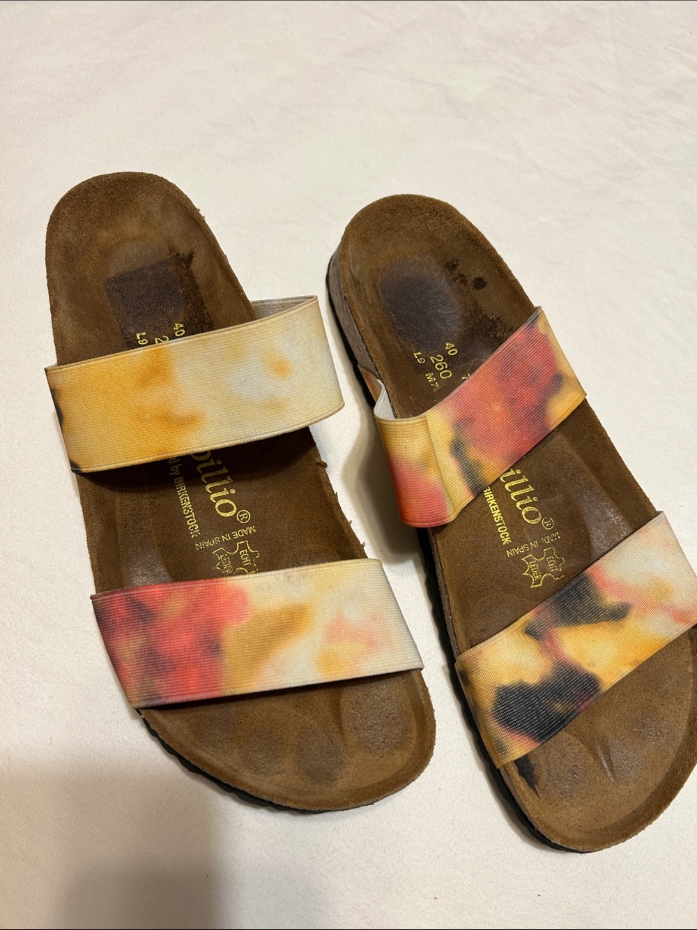 Birkenstock Tie-Dye Double Strap Slide Sandals in Yellow, Pink and Black